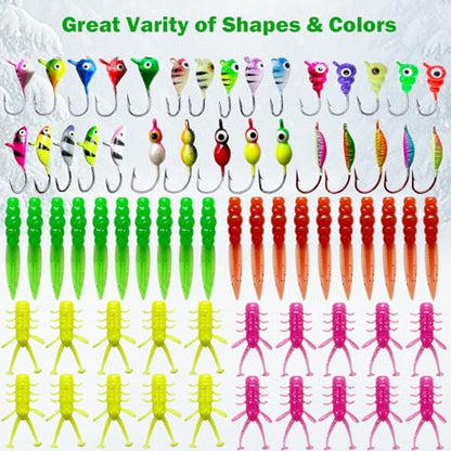 Ice Fishing Jigs Kit Luminous Ice Fishing Lures Soft Plastic Baits Crappie Jig Heads Ice Fishing Gear for Crappie Panfish Walleye Ice Fishing 70pcs
