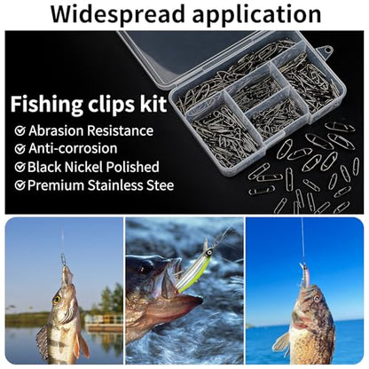 330 Pcs 5 Sizes Fishing Power Speed Clips,Stainless Steel Quick Change Lure Connectors,Clip Snap for Crankbait,Popper,Topwater Lures,Saltwater & Freshwater Fishing Tackle Accessories (Black)