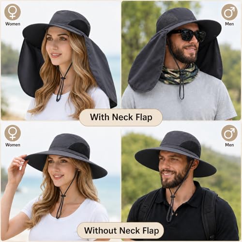 HUAMULAN Women Large Brim Sun Hat with Neck Flap, Men Quick Dry Hiking Fishing Safari Hat UPF 50+ - color: Yq005-darkgray