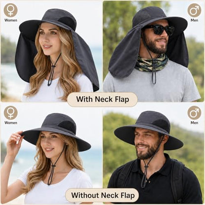 HUAMULAN Women Large Brim Sun Hat with Neck Flap, Men Quick Dry Hiking Fishing Safari Hat UPF 50+ - color: Yq005-darkgray