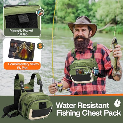 Fishing Chest Pack with Magnetic Pocket, Net Holder and Adjustable Straps | Magnetic Front Pocket, Multiple Storage Compartments, Adjustable Straps, Versatile Chest Bag