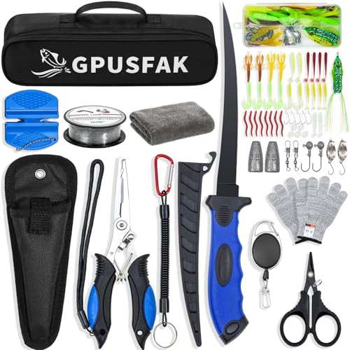 Fishing Tool Kit, 50 Pieces Fishing Gear, Fishing Pliers with Lanyard, Fillet Knife, Fish Lip Gripper, Fly Ice Fishing Hook Extractor, Anti-Cutting Gloves, Fishing Lures Baits Accessories