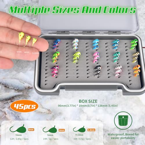 Tungsten Ice Fishing Jigs Kit - 15/21/45pcs Effective Glow Lures for Crappie, Panfish, Walleye - color: Colorful (45pcs)