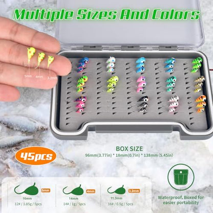 Tungsten Ice Fishing Jigs Kit - 15/21/45pcs Effective Glow Lures for Crappie, Panfish, Walleye - color: Colorful (45pcs)
