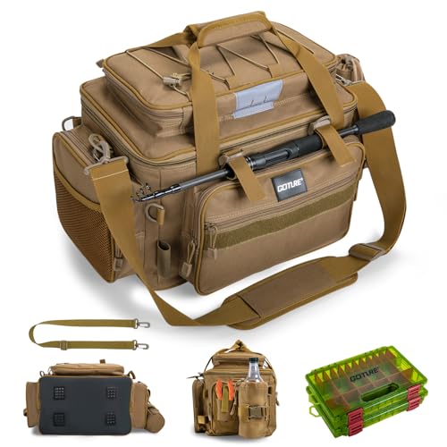Goture Fishing Tackle Bag with 2pcs 3600 Tackle Boxes, 600D Water-Resistant Soft Side Saltwater Gear Storage Fishing Bag with Rod Straps, Detachable Water Bottle Pouch, Waterproof Bottom, SBS Zippers - color: C1:Khaki with 2 3600 Tackle Boxes, size: Large