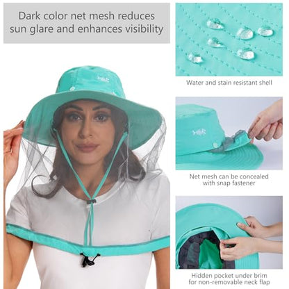 BASSDASH UPF 50+ Mosquito Sun Hat with Hidden Head Net and Neck Flap for Men Women Outdoor Fishing Hiking Camping - color: Turquoise