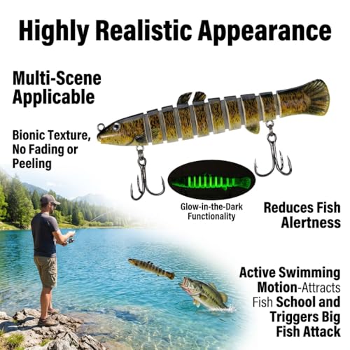 Multi-Species Killer Fishing Lures for Bass Trout Perch Pike Carp - Glow-in-the-Dark Multi Jointed Swimbaits with Bionic Texture, Water Movement Noise Attraction, Freshwater Lifelike Fishing Lures Kit