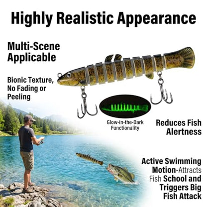Multi-Species Killer Fishing Lures for Bass Trout Perch Pike Carp - Glow-in-the-Dark Multi Jointed Swimbaits with Bionic Texture, Water Movement Noise Attraction, Freshwater Lifelike Fishing Lures Kit