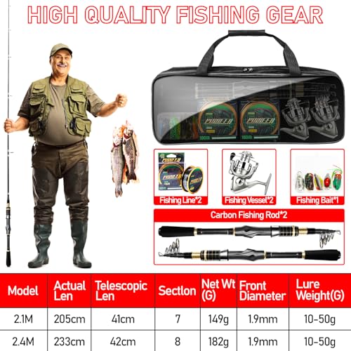 Fishing Pole and Reel Combo - 2PCS Carbon Fiber Telescopic Rods Spinning Reels Saltwater/Freshwater Kit with Lures, Line and Carrier Bag, Travel Fishing Gear for Adults - color: Gold, size: 2.4M/7.89FT