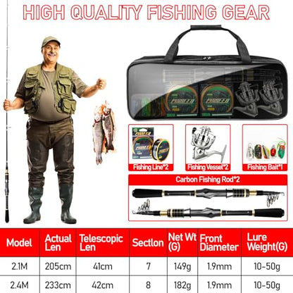 Fishing Pole and Reel Combo - 2PCS Carbon Fiber Telescopic Rods Spinning Reels Saltwater/Freshwater Kit with Lures, Line and Carrier Bag, Travel Fishing Gear for Adults - color: Gold, size: 2.4M/7.89FT