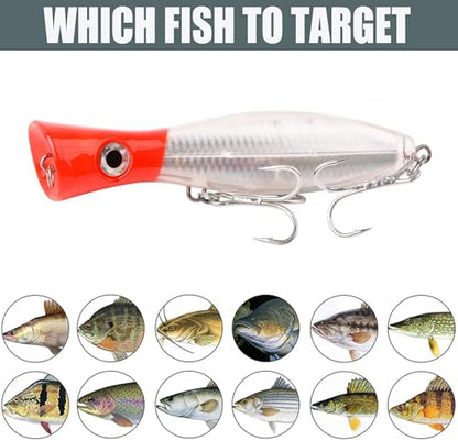 Popper Fishing Lure, JAZALIC 1 PCS Topwater Popper Lures 3D Eyes Fishing Accessories for Saltwater Surface Casting and Freshwater Gt Tuna Kingfish Large Predator Fish (6.3in, 2.82Oz) - color: Red&white