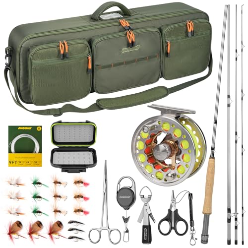 QualyQualy Fly Fishing Combo Starter Kit, 9Ft Fly Rod 4-Piece Graphite Rod with Bag, Accessories, Die Cast Aluminum Pre-Loaded Reel, Chest Pack, Fly Fishng Net & Flies - color: B-5/6-Glod Reel（Rod Case）