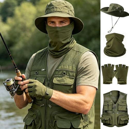 HUNTURE Fishing Vest,Pocket Vest and Hat Gloves Neck Gaiter Set for Men,Lightweight Utility Outerwear Vest - color: Green, size: XX-Large
