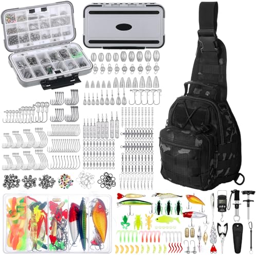 Seenelling 482 Pcs Fishing Tools Kit Fishing Accessories Kit Include Fish Hook Lures Hook Remover Lip Gripper Backpack for Men Women Gifts - color: Jungle