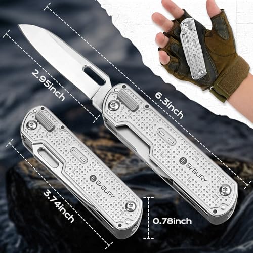 BIBURY Multitool Pocket Knife BI2056, Stainless Steel Multi Tool Knife with Clip, Folding Multitool EDC Knife with Magnetic Locking,Screwdriver,Large Scissors,Glass Breaker for Survival Camping Hiking
