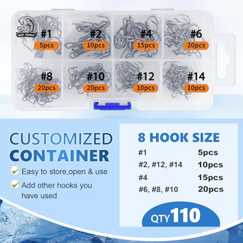 UCEC Fishing Hooks Treble Hooks Kit for Saltwater Freshwater, High Carbon Steel Strong Sharp Round Bend for Catfish Trout Hard Baits Lures, Size #1#2#4#6#8#10#12#14 110/50/210 Pack with Split Rings - style: 110pcs, #1 #2 #4 #6 #8 #10 #12 #14