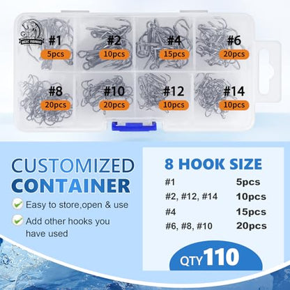 UCEC Fishing Hooks Treble Hooks Kit for Saltwater Freshwater, High Carbon Steel Strong Sharp Round Bend for Catfish Trout Hard Baits Lures, Size #1#2#4#6#8#10#12#14 110/50/210 Pack with Split Rings - style: 110pcs, #1 #2 #4 #6 #8 #10 #12 #14