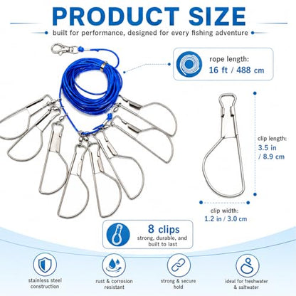 16ft Fishing Stringer,with 8 Stainless Steel Swivels & Ground Spike