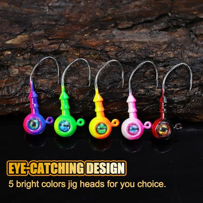 Round Jigs Heads for Fishing, 3D Eyes Ball Head Hooks with Stacked Cone Keeper, 1/8oz 1/5oz 1/4oz 3/8oz Crappie Jig Heads for Bass Fishing Trout Crappie Panfish Walleye - size: 1/5oz(5g)-15PCS