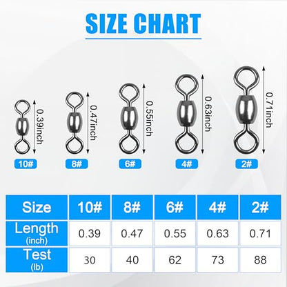 AGOOL Fishing Barrel Swivels, 50/150pcs Rolling Ball Bearings Fishing Swivels Fishing Tackle High Strength Copper with Stainless Steel Rings Line Lure Leaders Connectors 30LB-88LB - size: 8#