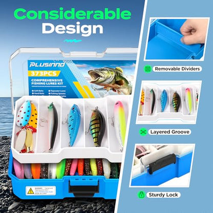 PLUSINNO Fishing Lures Tackle Box Gear Kit with Tackle Included, 373 PCS | Waterproof, Compact & Customizable, for Bass Trout, Freshwater Topwater, 16 Rigs, Fishing Gifts for Men Starter - color: Blue 373 PCS Lures Box