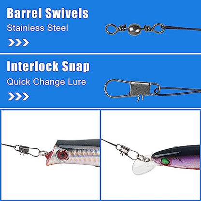 Fishing Leaders Saltwater,60pcs Stainless Steel Wire Leaders with Swivels Snap High Strength Fishing Line Leader for Connect Fishing Tackle Lure Bait Rig Hooks,6/8/10inch - color: Black - 60pcs (6"+8"+10")