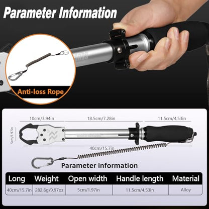 Sougayilang 15" Fish Lip Gripper with Integrated Scale, 40lb Built-in 360° Rotating Handle Non-Slip EVA Grip, Fishing Tool for Saltwater Freshwater Catch and Release