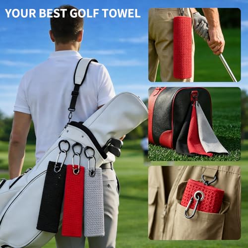 Fishing Towel with Clip,16" X 16",Waffle Pattern Effective Cleaning of Fishing Gear Accessories,Microfiber Absorbent Camping Towel for Men,Hiking Towel,Golf Towel,Pack of 3 (Black/Grey/Red) - color: Black/Grey/Red