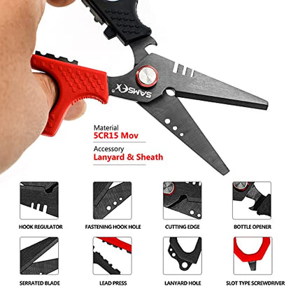 SAMSFX 6.5" Pro Fishing Shears Dual Serrated Blades, Fishing Braided Line Scissors with Titanium Coating, Non-Slip Grip & Multifunction Tool, Includes Hard Molded Locking Sheath & Coiled Lanyard - color: A: Black & Red Kraton Handle, Hard Sheath