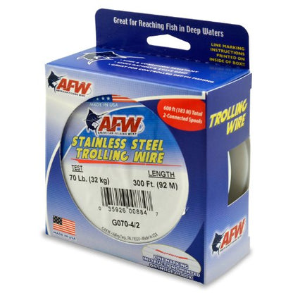 American Fishing Wire Stainless Steel Trolling Wire (Single Strand) - size: 2 -300 Foot Connected Spools, 70 Pound Test