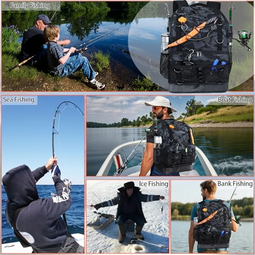 Fishing Backpack with Tackle Boxes and Rod Holder, Cooler, 30L Large Tackle Bag with Fishing Gear Lures Kit, Waterproof Bottom tackle Backpack Fish Set Gifts for Men Women-Camo Back Pack - color: Camo