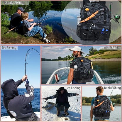 Fishing Backpack with Tackle Boxes and Rod Holder, Cooler, 30L Large Tackle Bag with Fishing Gear Lures Kit, Waterproof Bottom tackle Backpack Fish Set Gifts for Men Women-Camo Back Pack - color: Camo