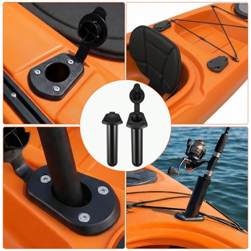 4 Pcs Kayak Deck Flush Mount Fishing Rod Holder with Cap Cover, Plastic Boat Rod Holders for Canoe and Tackle Accessory Tools, Black