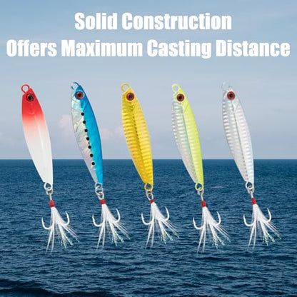 Dr.Fish 5 Pack Metal Jigging Spoon Saltwater Fishing Jigs Spoons Lures Casting Vertical Diamond Jig Lures Freshwater Bass Striper Mackerel Halibut - color: Long Casting Jig, size: 1.4oz-Hook #6