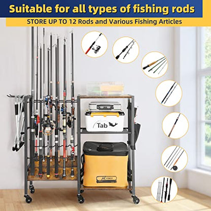 Olakee Fishing Rod Holders, Rolling Fishing Rod Rack for Garage & Boat, Tackle Box & Reel Holder Cart, Easy Assembly Fishing Gear Management System, Ideal Birthday Gift for Men Dad Anglers - color: 12 Rods,Carbonized Black