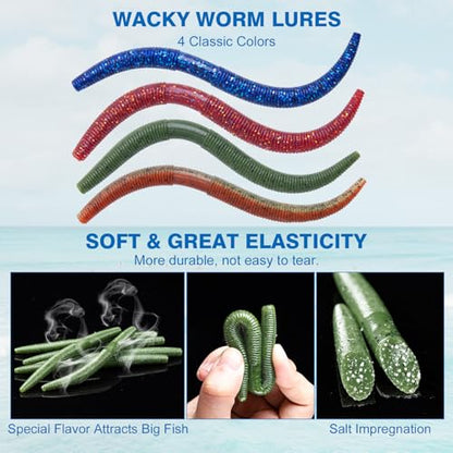 Goture Wacky Worm Fishing Lure Kit with Soft Plastics, Wacky Rig Tools, O-Rings, Worm & Drop Shot Hooks, Beads, Weights & Tackle Box - color: F:208pcs-(5" Soft Worm)&Tackle Box