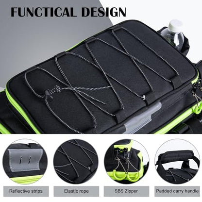 Goture Fishing Tackle Bag with 4pcs 3600 Tackle Boxes, 600D Water-Resistant Soft Side Saltwater Gear Storage Fishing Bag with Rod Straps, Detachable Water Bottle Pouch, Waterproof Bottom, SBS Zippers - color: C2:Black Green with 4 3600 Tackle Boxes, size:
