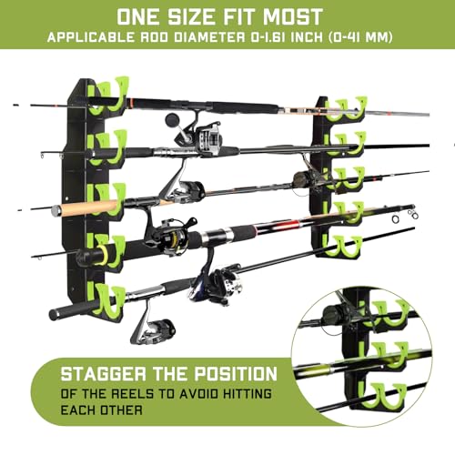 Hikeen Fishing Rod Holders, Fishing Pole Holders for Garage, Wall or Ceiling Mounted Fishing Rod Rack Holds Up to 10 Rods(2 Pack) - style: Green-2Pack
