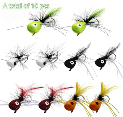 Fly Fishing Poppers,Topwater Popper Flies Bugs Lure, Dry Flies Kit for Bluegill Sunfish Bass Crappie Steelhead Flies Trout Salmon Perch for Fly Fishing Bass Panfish Bluegill Trout Salmon - color: 10pcs