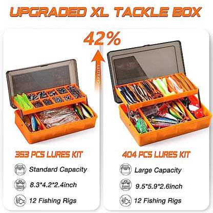 PLUSINNO 353/404 PCS Fishing Lures, Upgrade Fishing Tackle Box with Tackle Included, Crankbaits, Hooks, Weights, Other Accessories, Fishing Lure Bait Gear Equipment Kit Gift for Men Freshwater Bass - color: 404 Pcs Fishing Tackle Kit