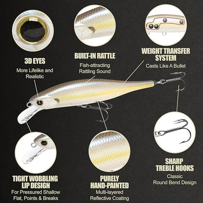LUCKY CRAFT Lightning Pointer 98XR, Freshwater Bass Fishing Lures and Walleye Fishing Lures, 4" Slow Sinking Jerkbait, 6-7ft Depth, Largemouth Smallmouth, Tournament Fishing Gear - color: 250 Chartreuse Shad