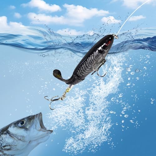 1-Pack Topwater Fishing Lures & Crankbaits Set - High-Action Popper Bass Lures with Rotating Tail, Saltwater/Freshwater Hard Baits for Trout, Pike, Catfish | Vibrating Lure Kit with Storage Box - color: black