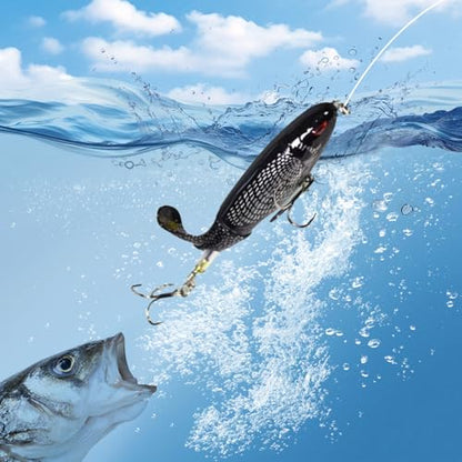 1-Pack Topwater Fishing Lures & Crankbaits Set - High-Action Popper Bass Lures with Rotating Tail, Saltwater/Freshwater Hard Baits for Trout, Pike, Catfish | Vibrating Lure Kit with Storage Box - color: black