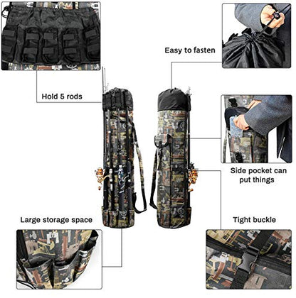 Allnice Durable Canvas Fishing Rod & Reel Organizer Bag Travel Carry Case Bag- Holds 5 Poles & Tackle - color: Multiolor