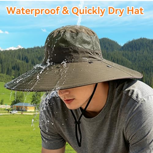 Super Wide Brim Fishing Hat UPF 50+ Sun Safari Hat with Removable Neck Face Flap - color: Army Green