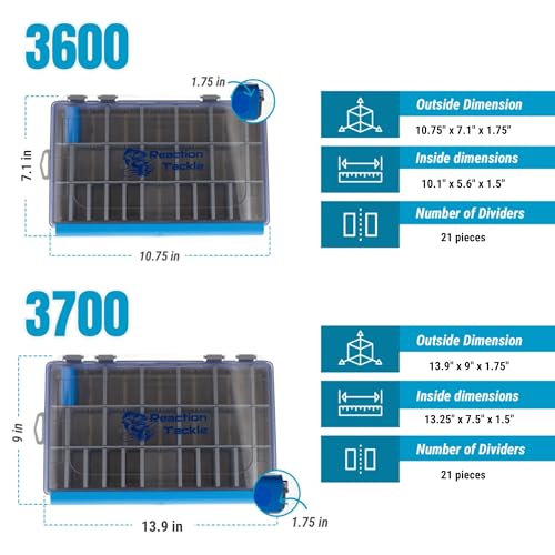Reaction Tackle Ultra Elite Tackle Trays, Water Resistant Fishing Tackle Box Organizer with Removable Dividers, Sealed Rubber Gasket and One Hand Latch - 3700 (2-Pack) - size: 3700 (2-Pack)