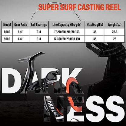 Dr.Fish Darkness Spinning Reel 8000/9000 Saltwater Surf Fishing Graphite Body, 9+1 Stainless Steel BBS, 35lb Carbon Fiber Drag, Spare Spool, Heavy Duty Big Game Fishing Surf Casting - style: 9000