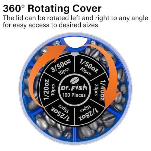 Dr.Fish 100 Pieces/Box Split Shot Sinkers Kit - 6 Sizes Lead Fishing Line Weights Clip on Sinkers for Fly Fishing, Freshwater, Trout Bulk Assortment