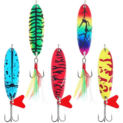 Shaddock Fishing Spoon Lures Kit, 5pcs Metal Spoons Casting Lures Jigging Baits with Sharp Treble Hooks for Bass Trout Pike Walleye Crappie Saltwater Freshwater Fishing with Tackle Box - size: 2oz-5pcs