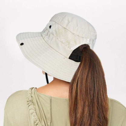 Sun Hat for Women Summer UV Protection Beach Hat Wide Brim Mesh Bucket Fishing Hat with Ponytail Hole Foldable Packable Hat - color: Beige(with Ponytail Hole)